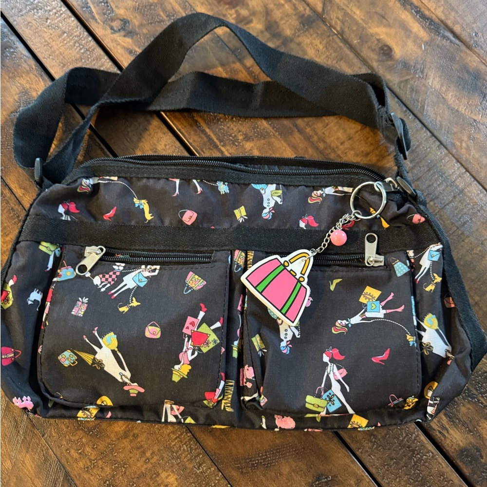 Black Printed Crossbody Bag with Pink & Yellow Accents